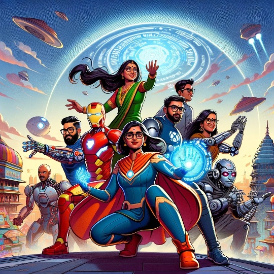 Illustration of a team of superheroes assembling under a glowing shield, shown at Asato’s all-hands meetings.