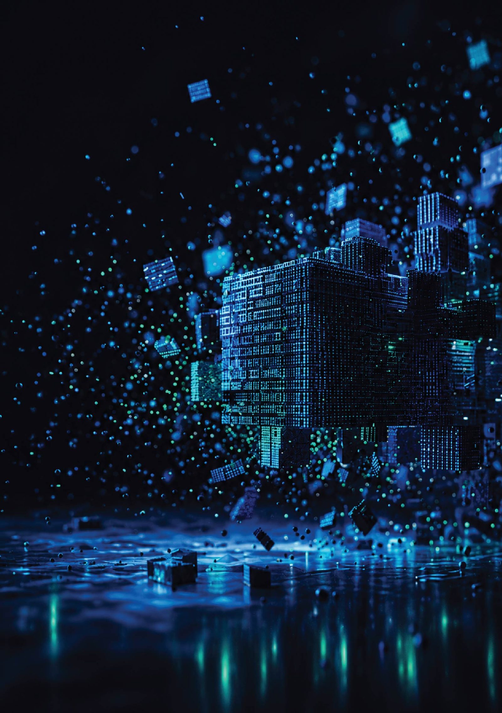 Illustration of a city block built from glowing data, with fragments flying off it.