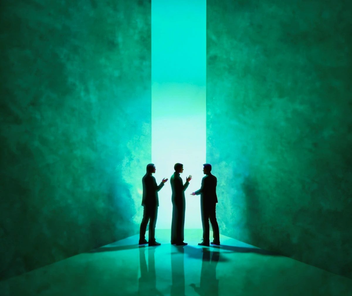 Three people in silhouette talk in front of a tall column of light.
