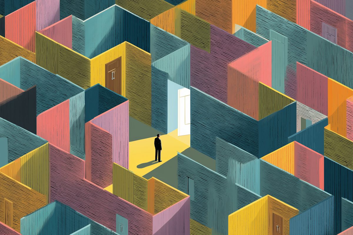 A person stands in a lit clearing inside a maze of colored walls.