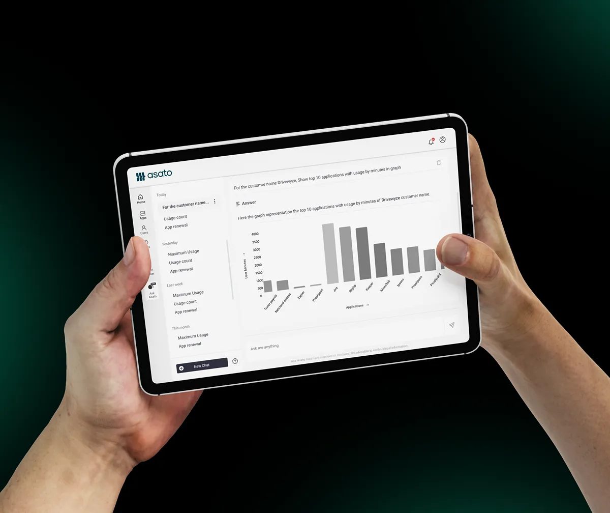 Two hands hold a tablet showing an Asato screen with a bar chart.