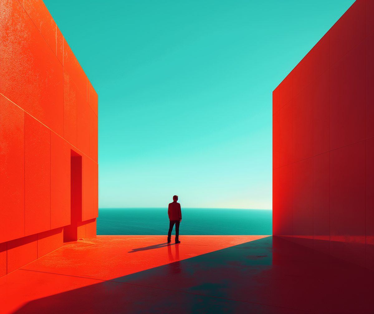 A person stands between two red walls, looking out to the sea.