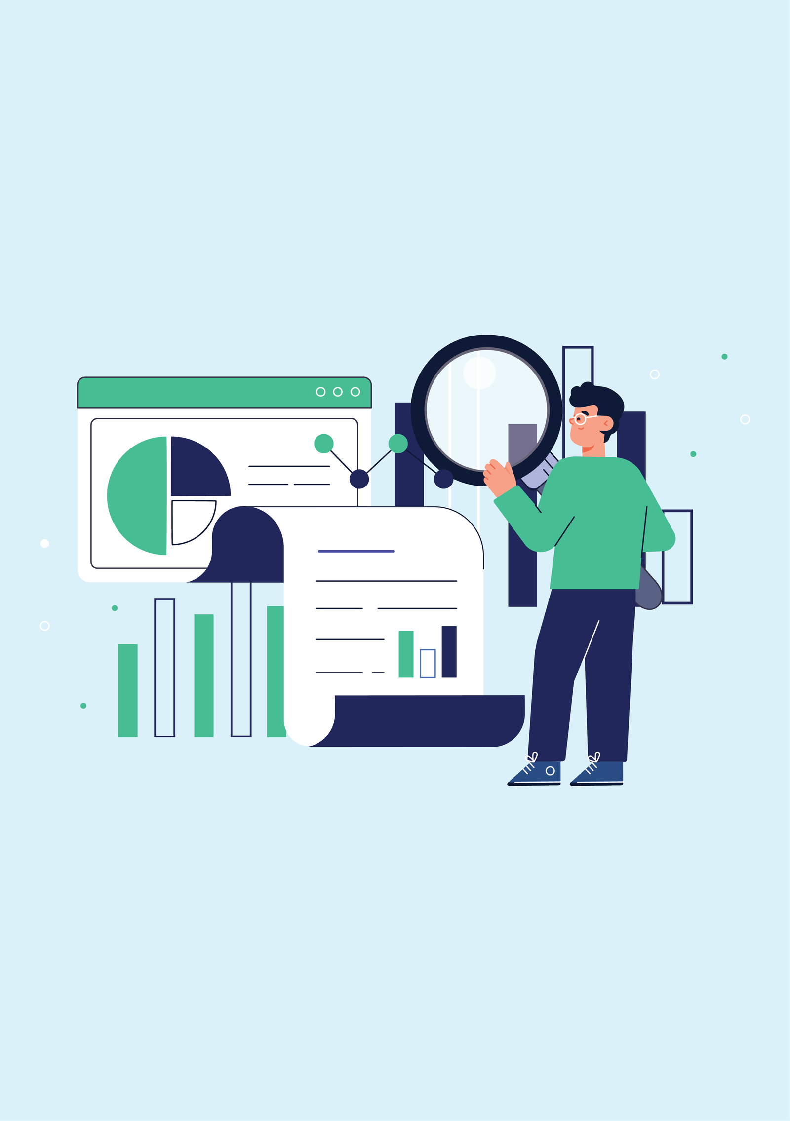 Illustration of a person with a magnifying glass studying charts and a report.