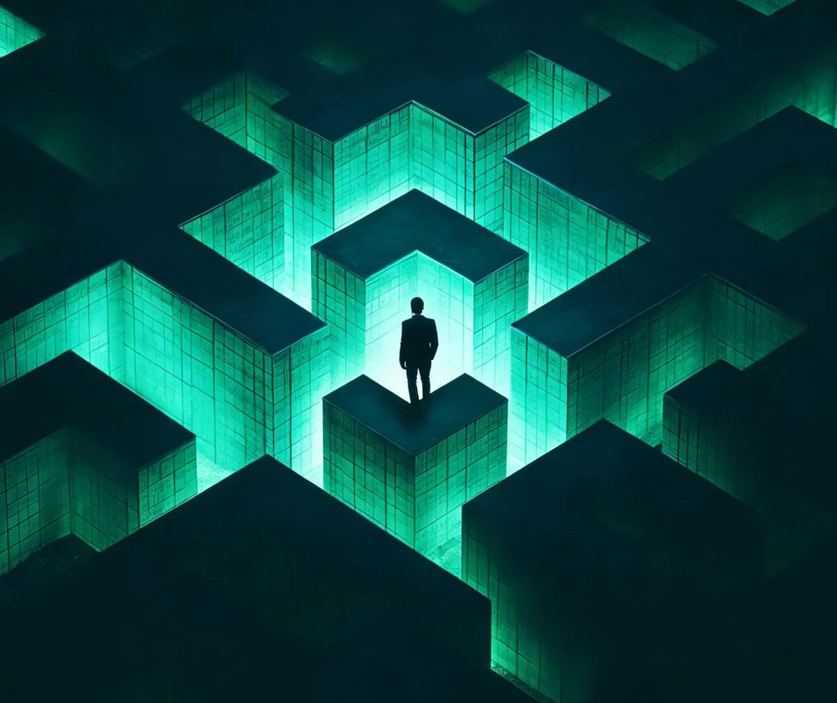 A person stands at the center of a lit maze, seen from above.