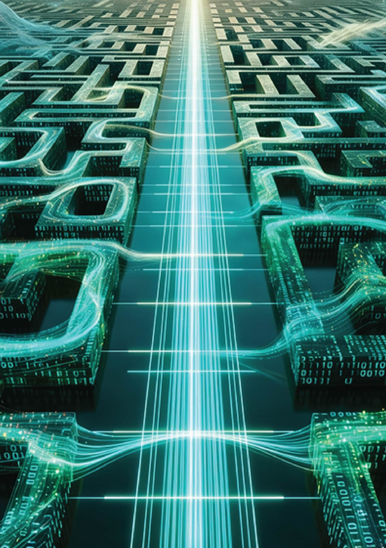 Illustration of a straight, lit path running through the middle of a maze of circuits.