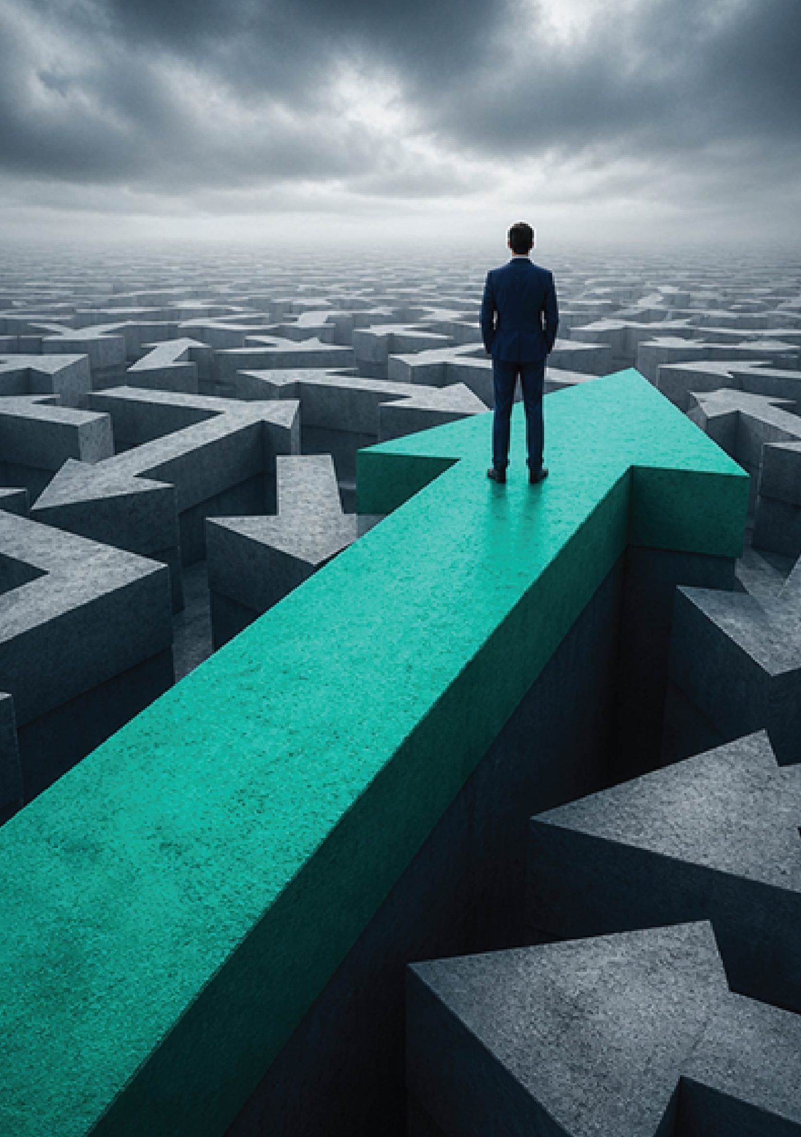 A person stands on a green arrow that rises above a maze of gray arrows pointing in every direction.