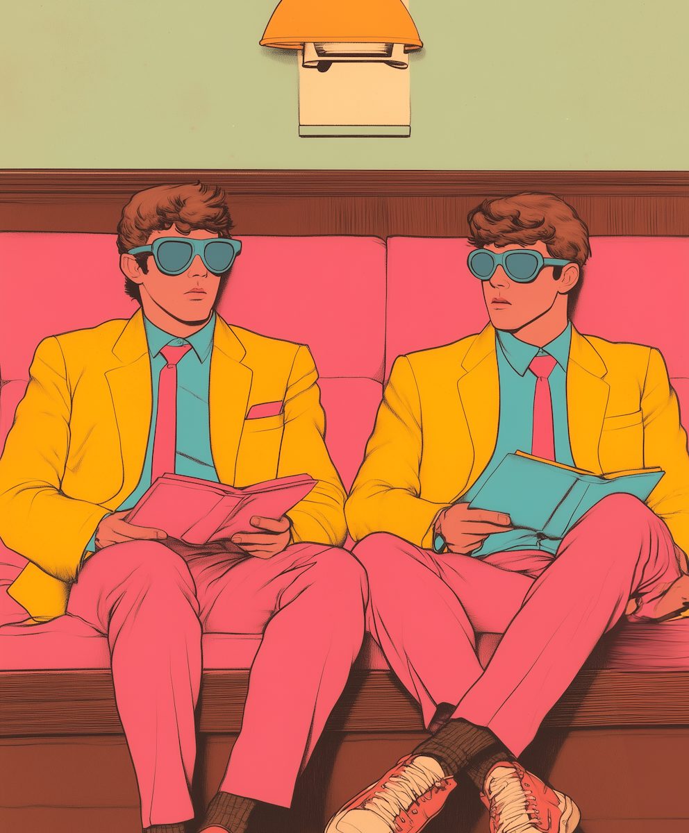 Illustration of two identical people in matching yellow suits and sunglasses, sitting side by side with books.