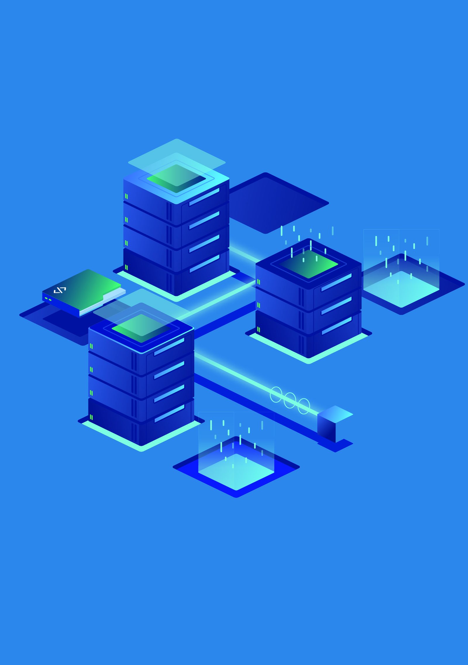 Isometric illustration of server stacks linked by a data path.