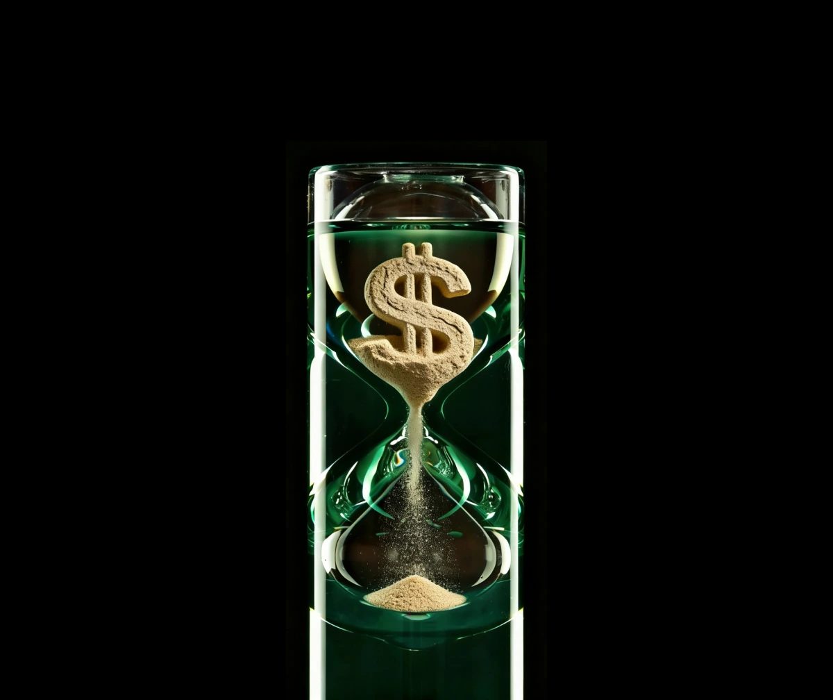 An hourglass in which the sand forms a dollar sign.