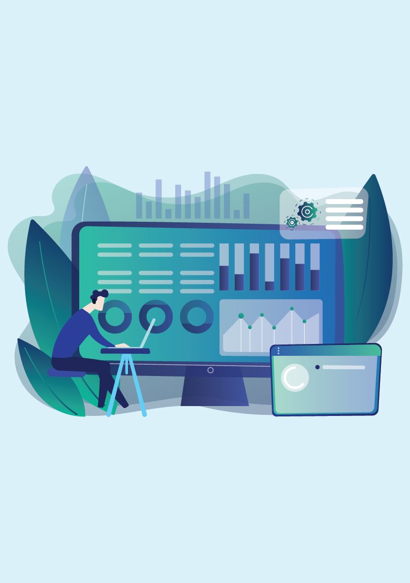 Illustration of a person at a desk in front of large screens of charts.