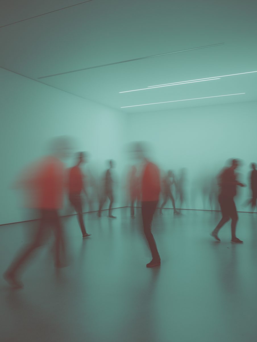 Blurred figures in red move through a pale, empty room.