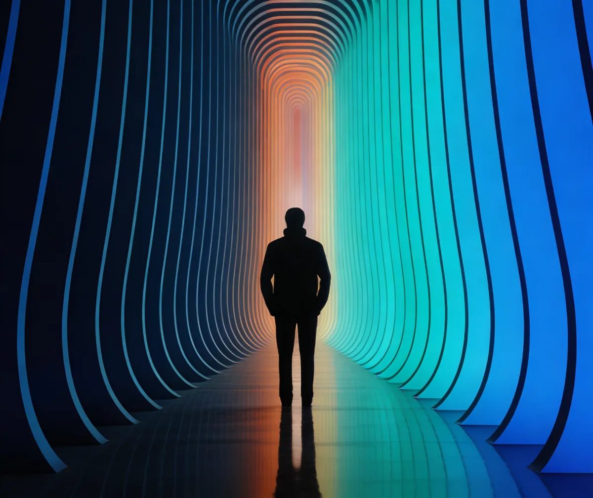 A person in silhouette stands in a corridor of colored light.