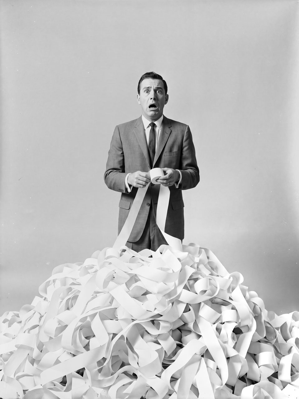 A man in a suit standing behind a heap of receipt tape, staring in horror, the roll in his hands. A black-and-white picture in a 1960s studio style.